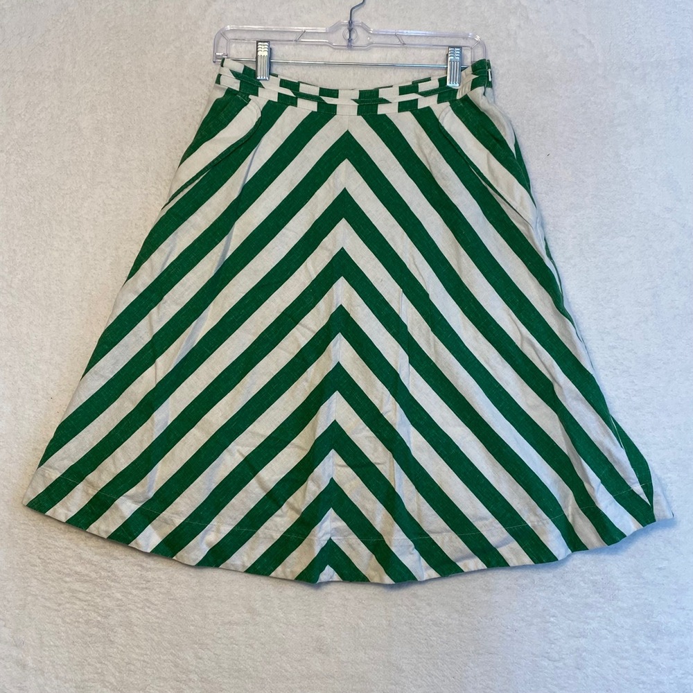 Anthropologie Green White Stripe ALine Midi Skirt Size 6 Pleated Pockets